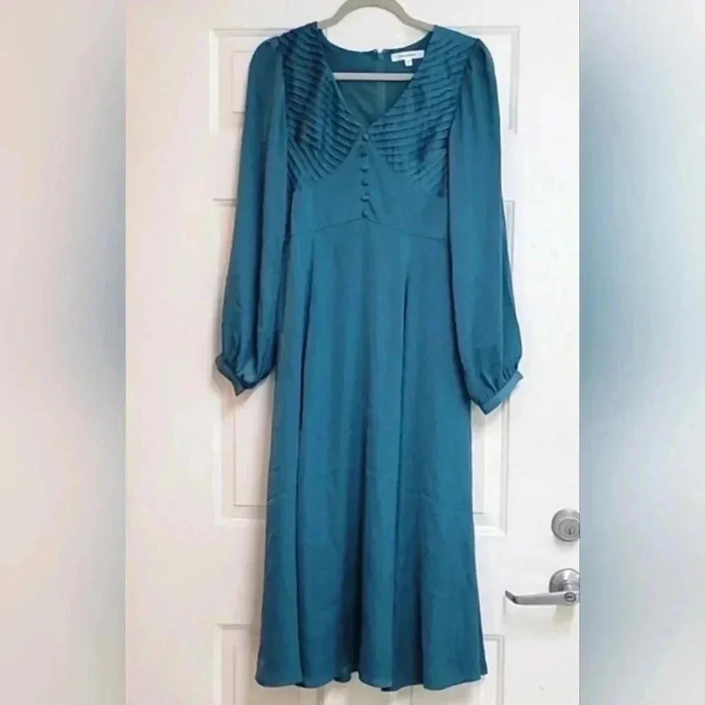 Moussy Women Elegant V Neck Vintage Solid Color Long Puff Sleeves Dress